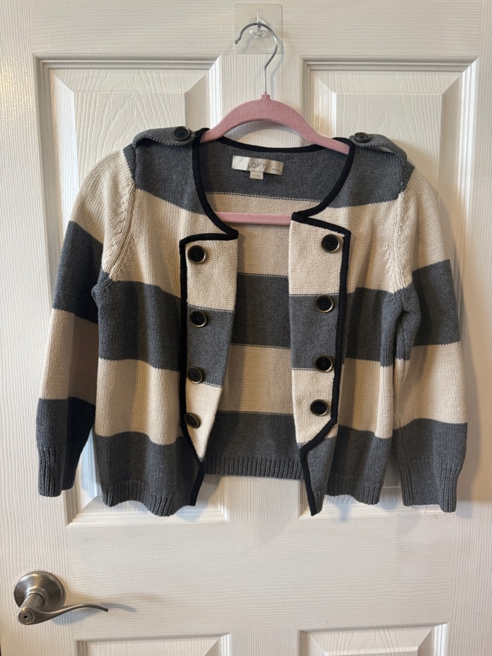 LOFT Striped Gray and Cream Button-Front Cardigan